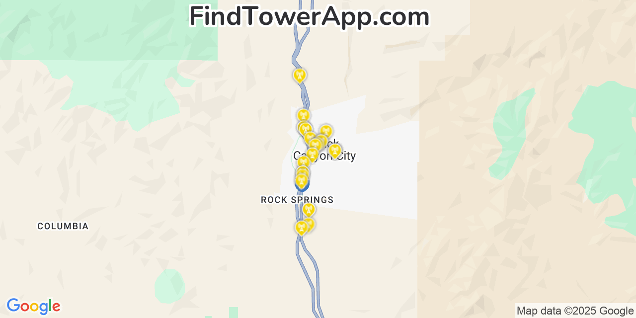 Map showing the 20 primary cell tower locations detected in Black Canyon City, Arizona from AT&T, Verizon, and T-Mobile networks