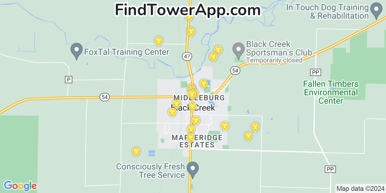 AT&T 4G/5G cell tower coverage map Black Creek, Wisconsin