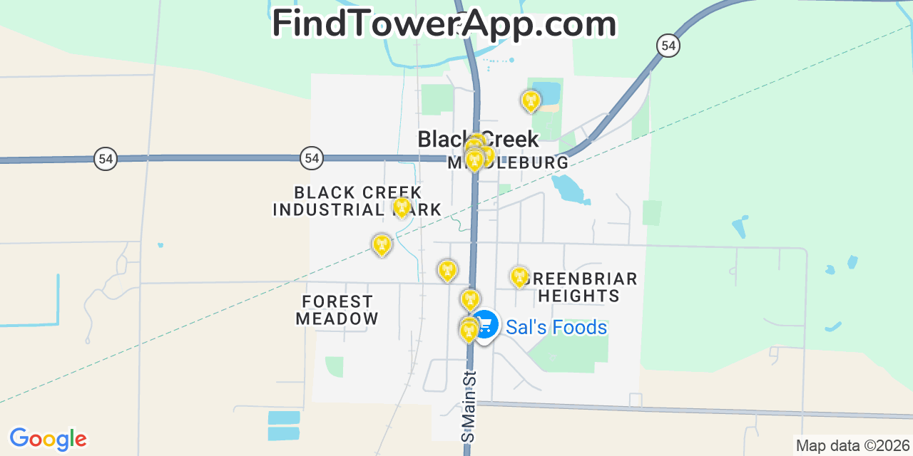 Map showing the 20 primary cell tower locations detected in Black Creek, Wisconsin from AT&T, Verizon, and T-Mobile networks
