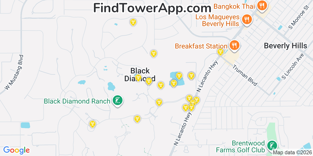 Map showing the 20 primary cell tower locations detected in Black Diamond, Florida from AT&T, Verizon, and T-Mobile networks