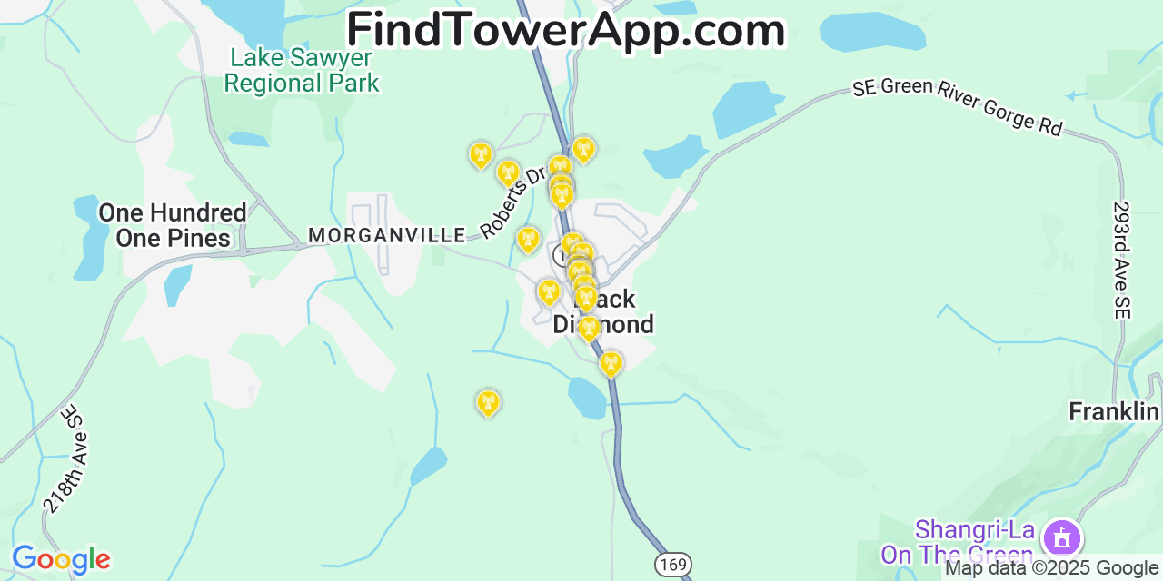 Map showing the 20 primary cell tower locations detected in Black Diamond, Washington from AT&T, Verizon, and T-Mobile networks