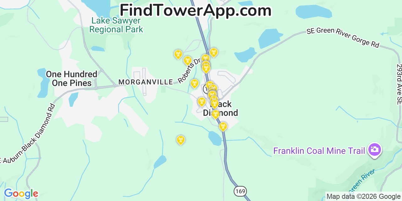 Map showing the 20 primary cell tower locations detected in Black Diamond, Washington from AT&T, Verizon, and T-Mobile networks