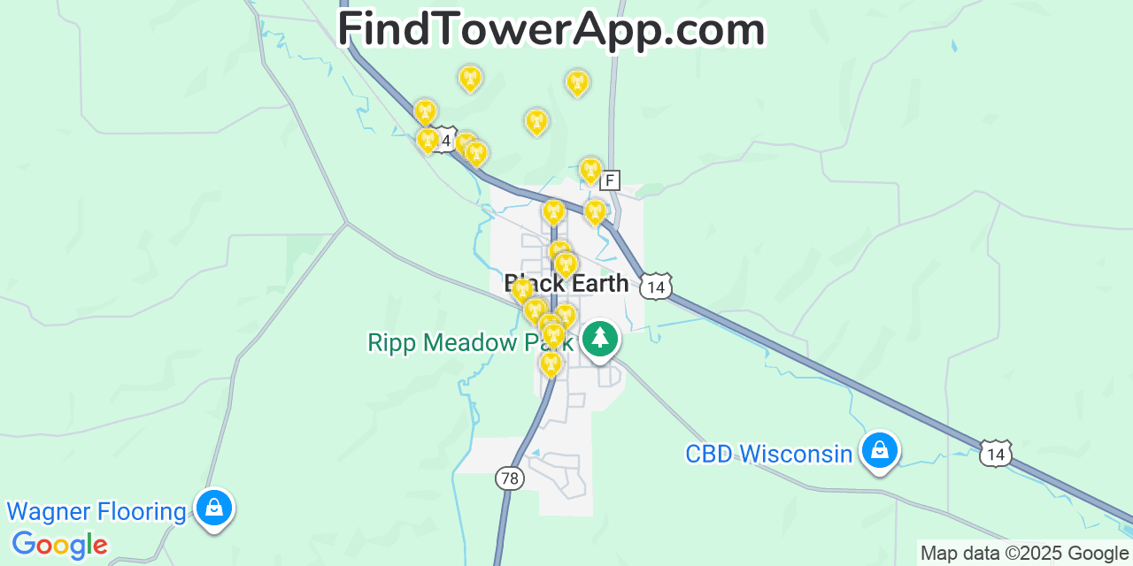 Map showing the 20 primary cell tower locations detected in Black Earth, Wisconsin from AT&T, Verizon, and T-Mobile networks