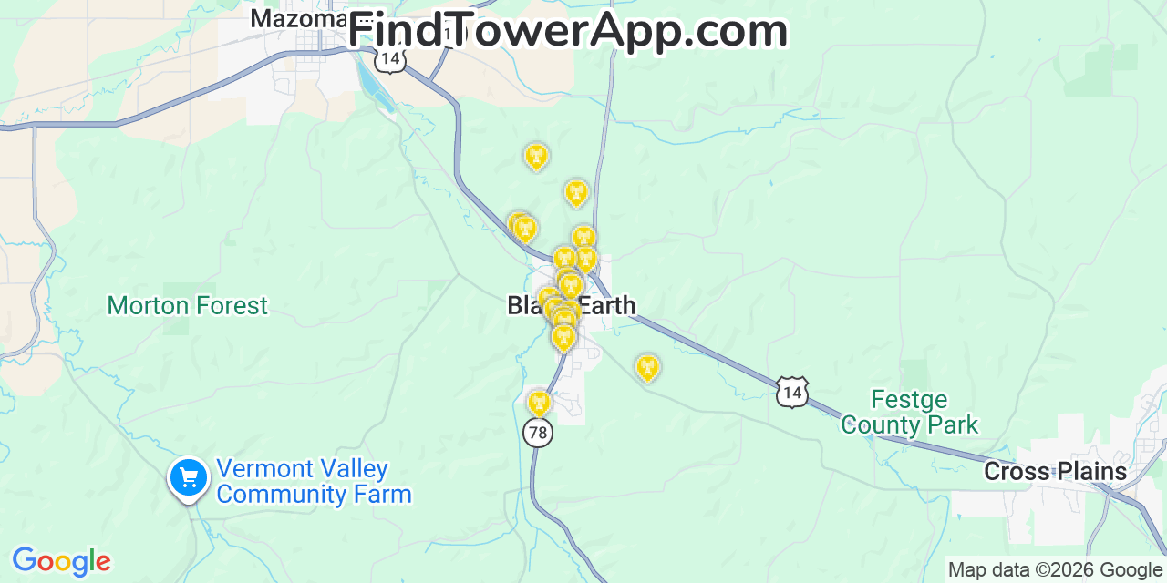Map showing the 20 primary cell tower locations detected in Black Earth, Wisconsin from AT&T, Verizon, and T-Mobile networks