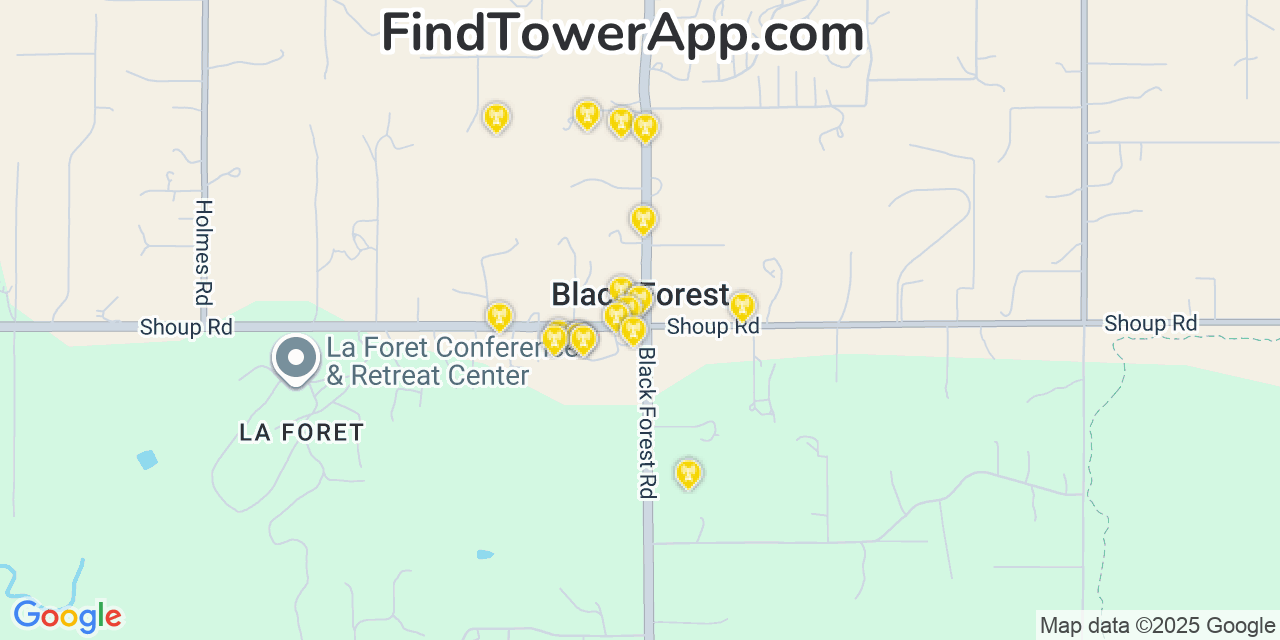 Map showing the 20 primary cell tower locations detected in Black Forest, Colorado from AT&T, Verizon, and T-Mobile networks