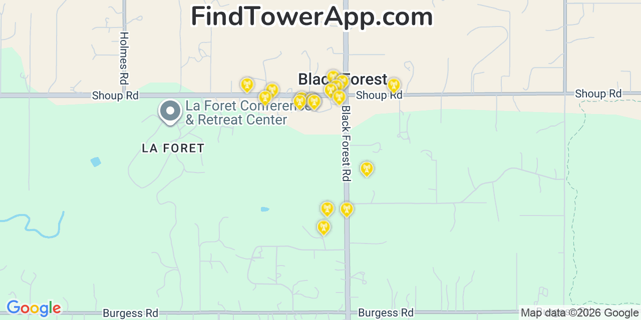 Map showing the 20 primary cell tower locations detected in Black Forest, Colorado from AT&T, Verizon, and T-Mobile networks