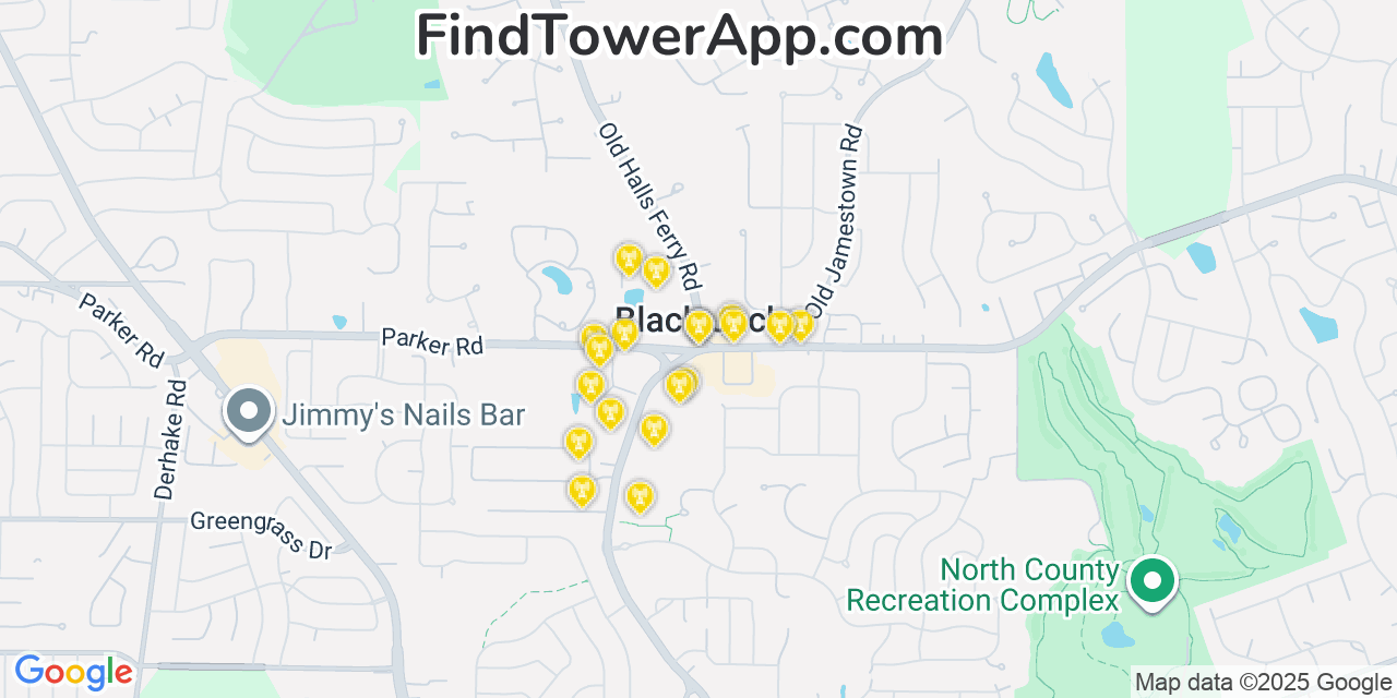 Map showing the 20 primary cell tower locations detected in Black Jack, Missouri from AT&T, Verizon, and T-Mobile networks