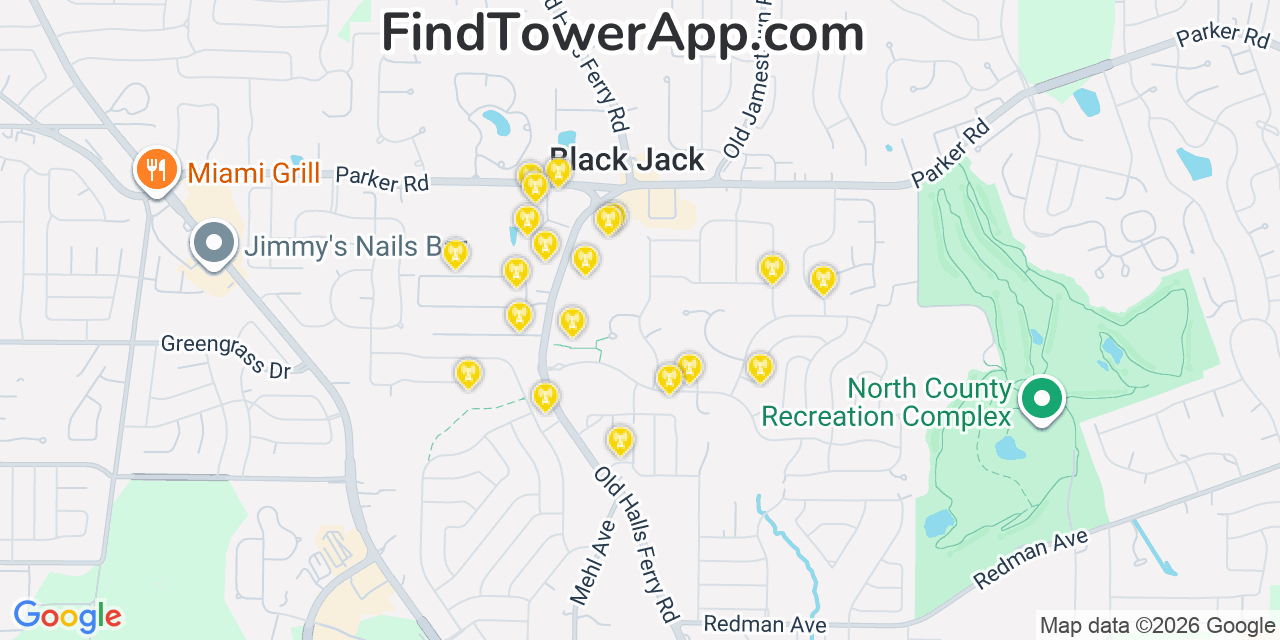 Map showing the 20 primary cell tower locations detected in Black Jack, Missouri from AT&T, Verizon, and T-Mobile networks