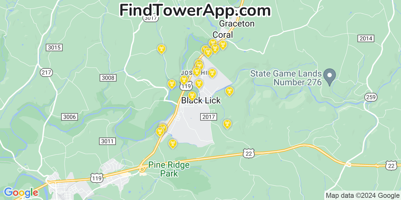 AT&T 4G/5G cell tower coverage map Black Lick, Pennsylvania