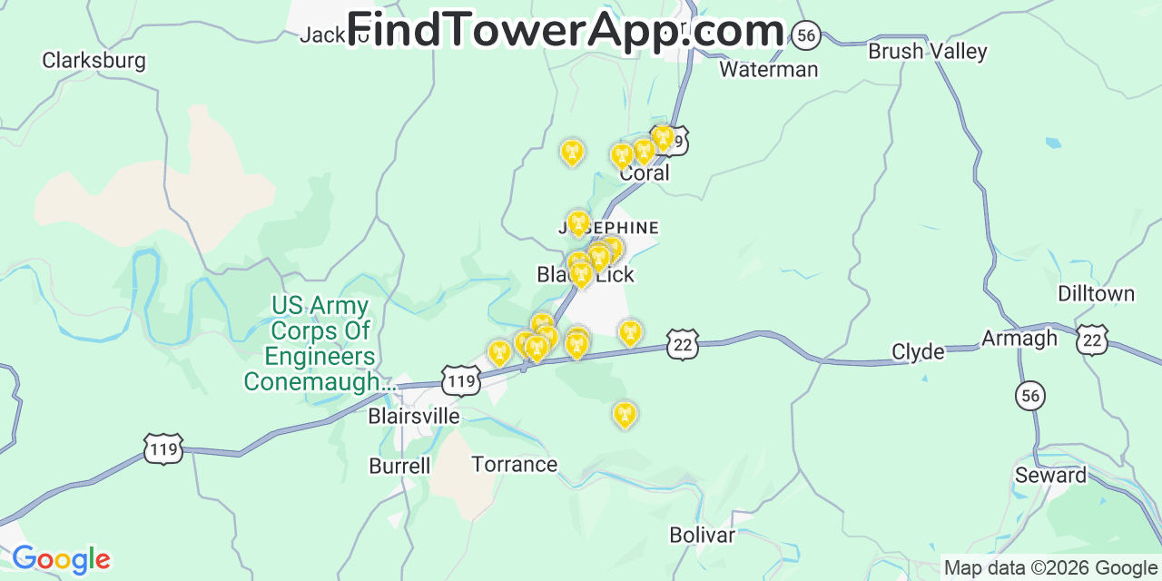 Map showing the 20 primary cell tower locations detected in Black Lick, Pennsylvania from AT&T, Verizon, and T-Mobile networks