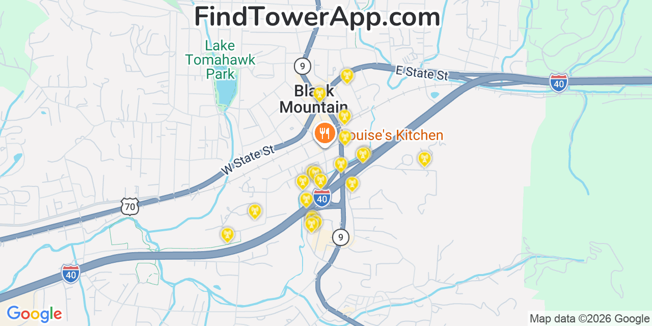 Map showing the 20 primary cell tower locations detected in Black Mountain, North Carolina from AT&T, Verizon, and T-Mobile networks