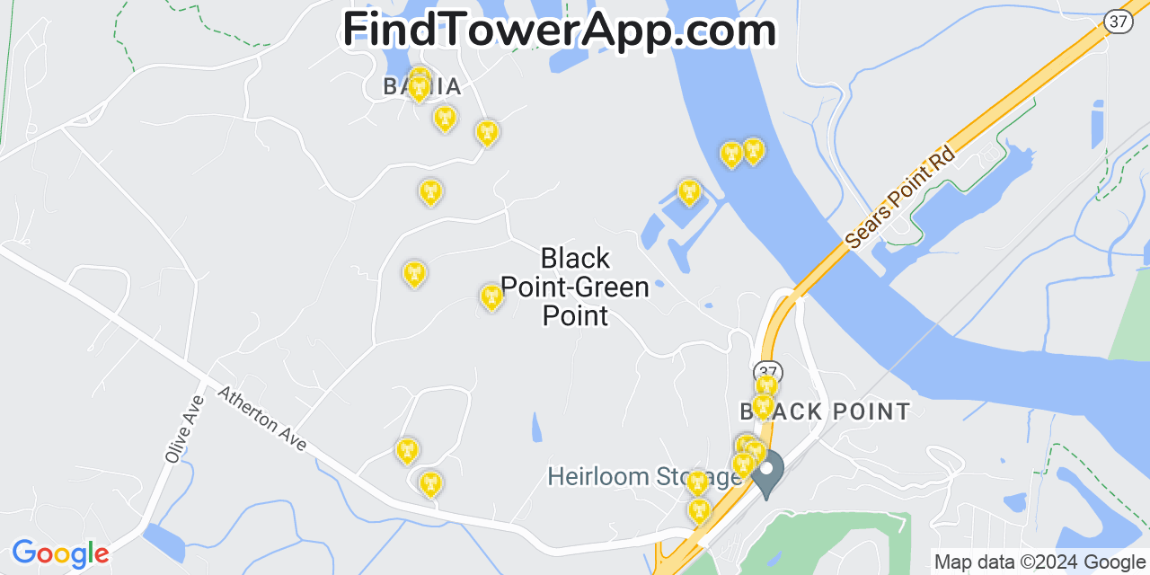 AT&T 4G/5G cell tower coverage map Black Point Green Point, California