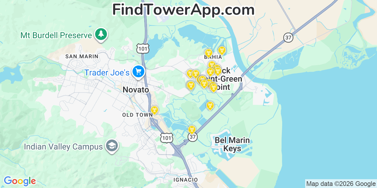 Map showing the 20 primary cell tower locations detected in Black Point Green Point, California from AT&T, Verizon, and T-Mobile networks