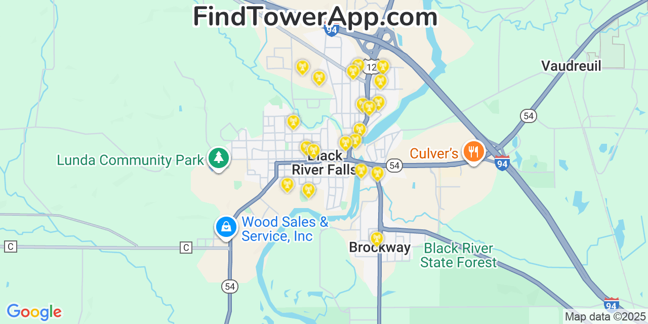 Map showing the 20 primary cell tower locations detected in Black River Falls, Wisconsin from AT&T, Verizon, and T-Mobile networks
