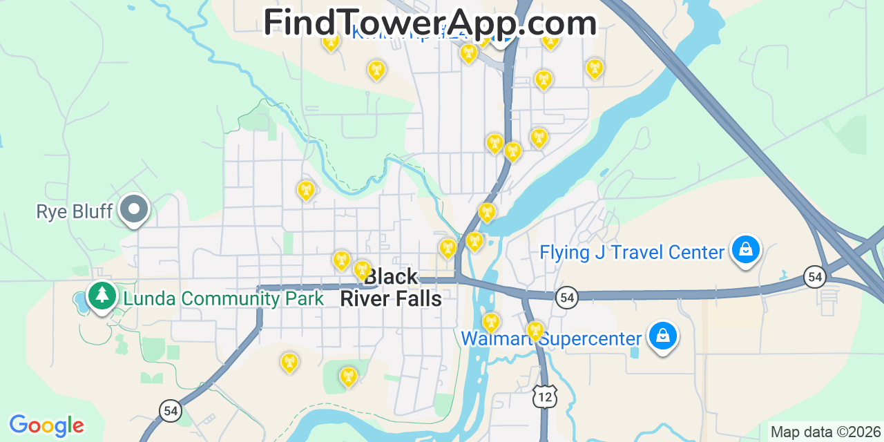 Map showing the 20 primary cell tower locations detected in Black River Falls, Wisconsin from AT&T, Verizon, and T-Mobile networks