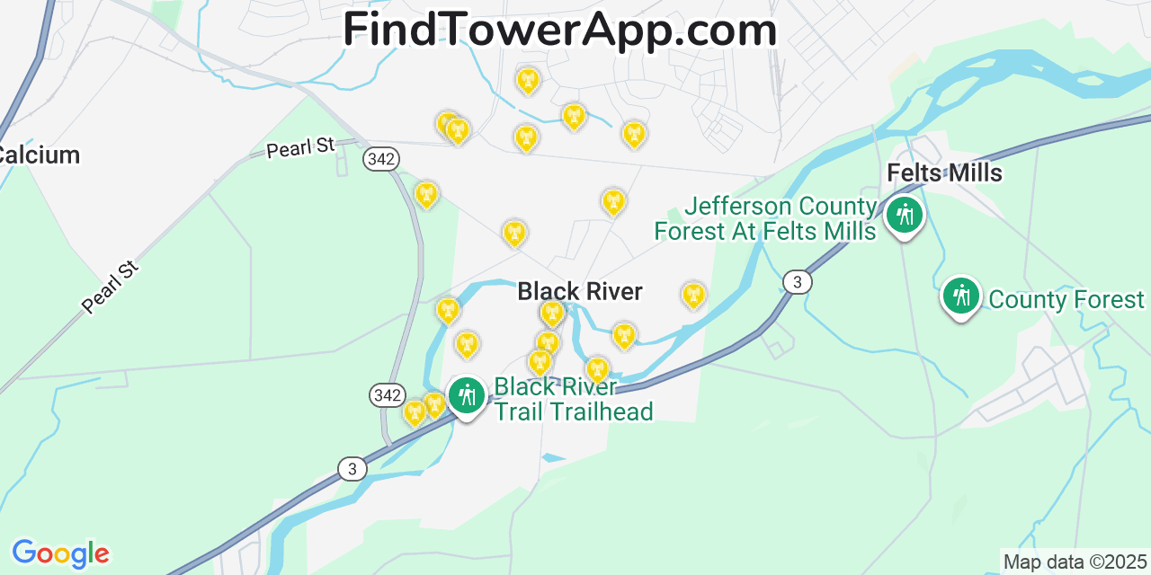 Map showing the 20 primary cell tower locations detected in Black River, New York from AT&T, Verizon, and T-Mobile networks
