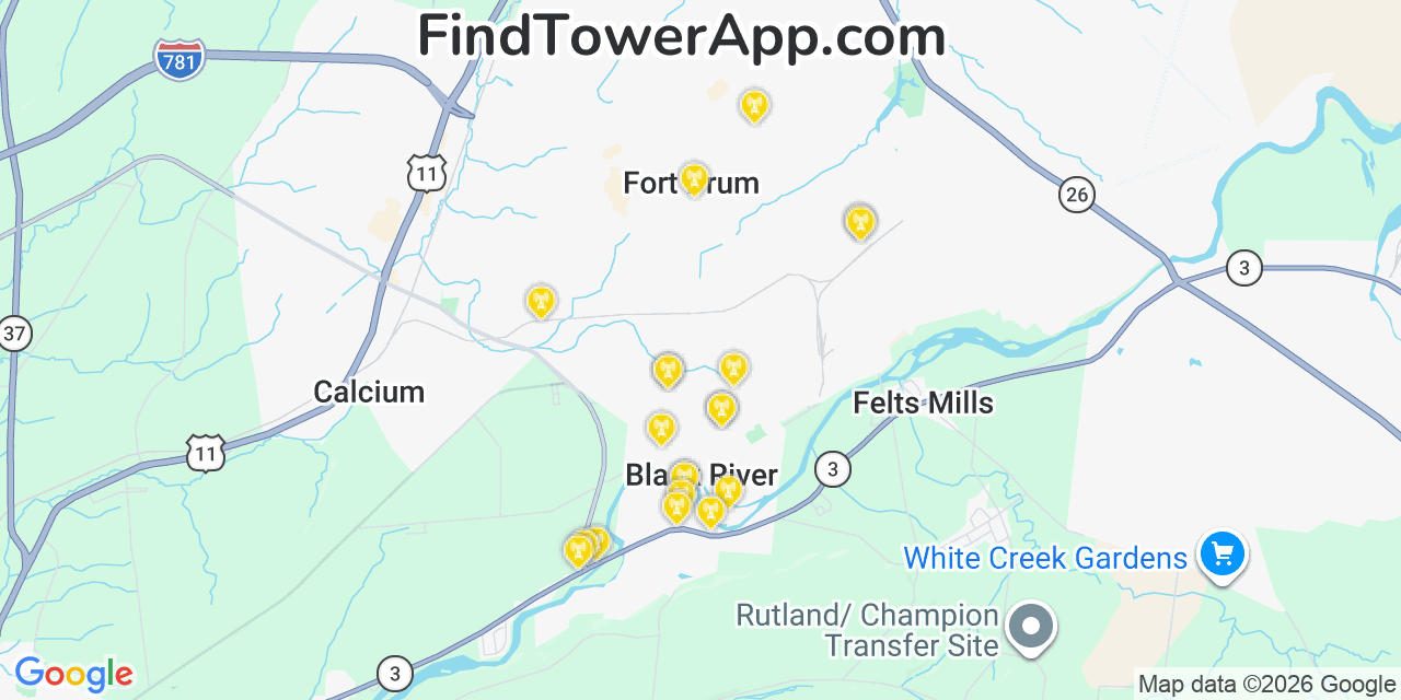 Map showing the 20 primary cell tower locations detected in Black River, New York from AT&T, Verizon, and T-Mobile networks