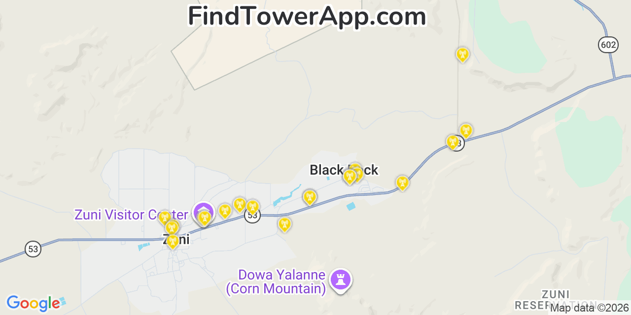 Map showing the 20 primary cell tower locations detected in Black Rock, New Mexico from AT&T, Verizon, and T-Mobile networks