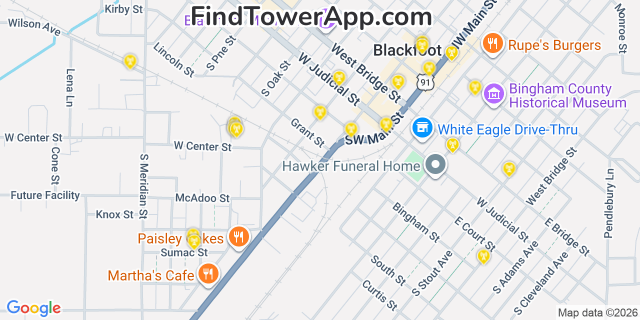 Map showing the 20 primary cell tower locations detected in Blackfoot, Idaho from AT&T, Verizon, and T-Mobile networks