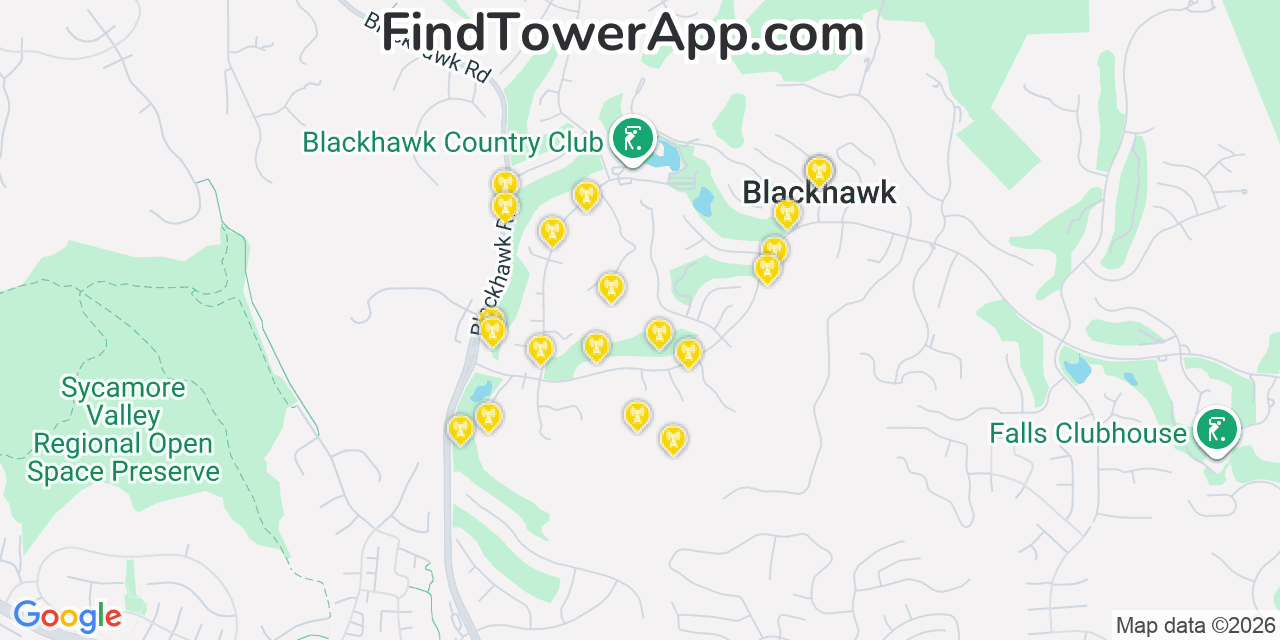 Map showing the 20 primary cell tower locations detected in Blackhawk, California from AT&T, Verizon, and T-Mobile networks