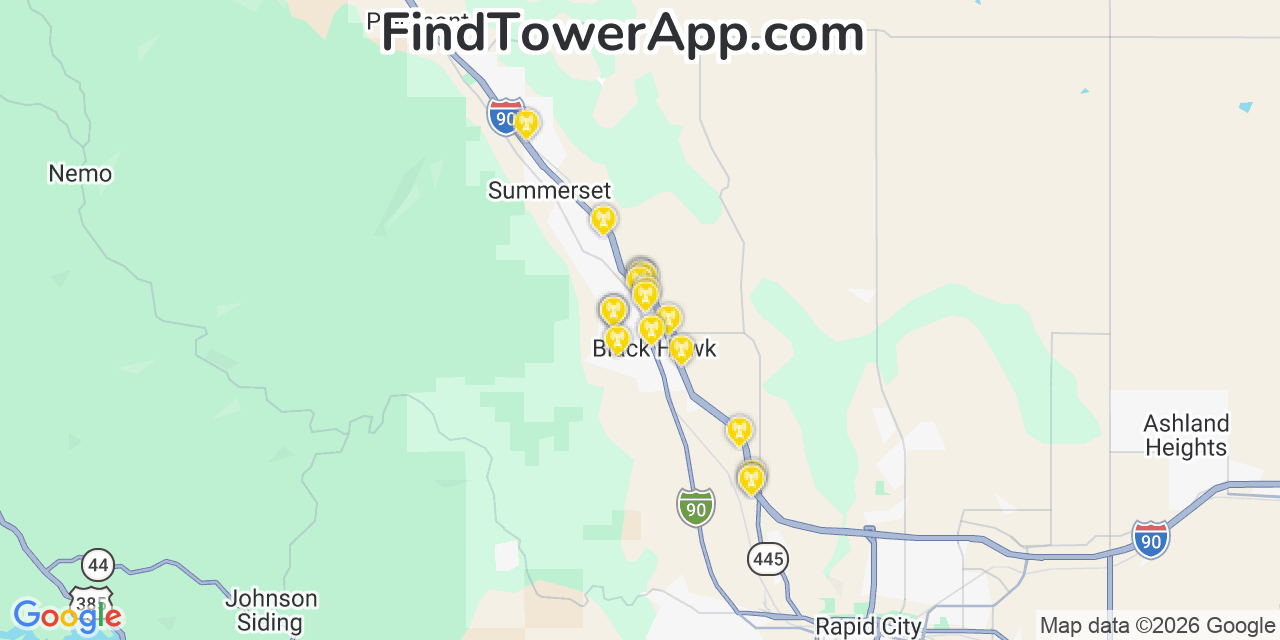 Map showing the 20 primary cell tower locations detected in Blackhawk, South Dakota from AT&T, Verizon, and T-Mobile networks