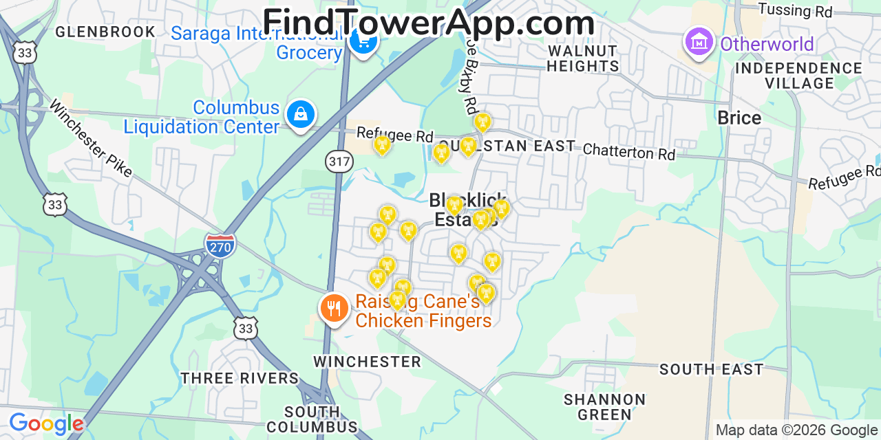 Map showing the 20 primary cell tower locations detected in Blacklick Estates, Ohio from AT&T, Verizon, and T-Mobile networks