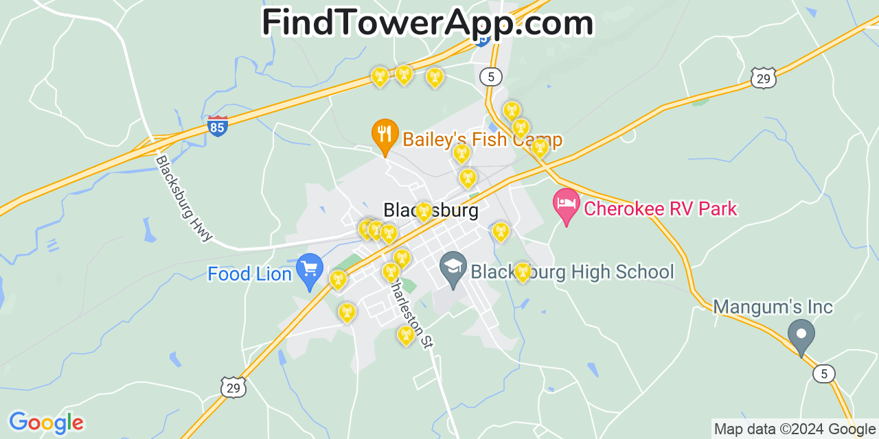 AT&T 4G/5G cell tower coverage map Blacksburg, South Carolina