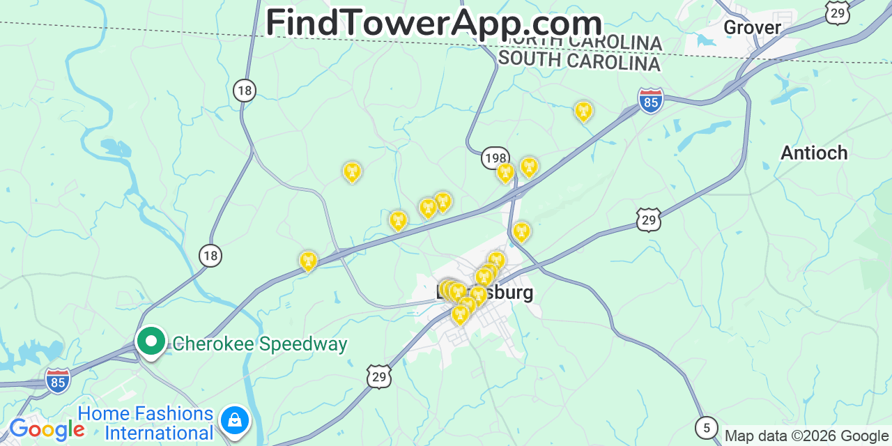 Map showing the 20 primary cell tower locations detected in Blacksburg, South Carolina from AT&T, Verizon, and T-Mobile networks
