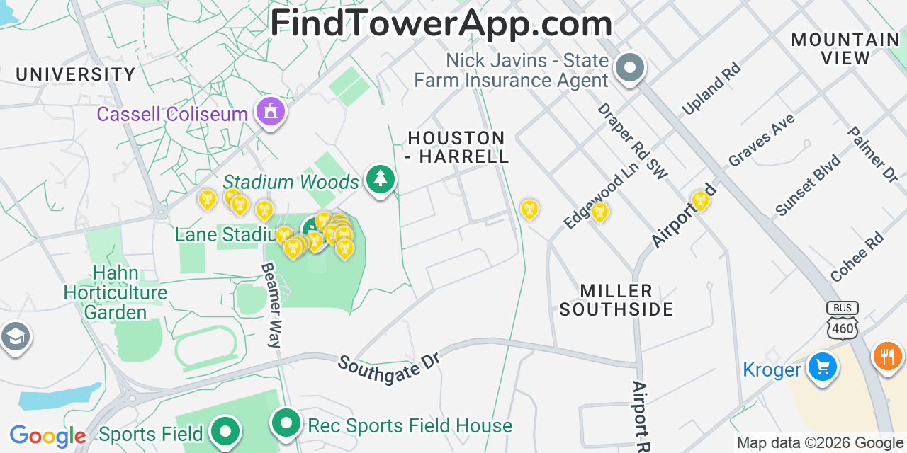 Map showing the 20 primary cell tower locations detected in Blacksburg, Virginia from AT&T, Verizon, and T-Mobile networks