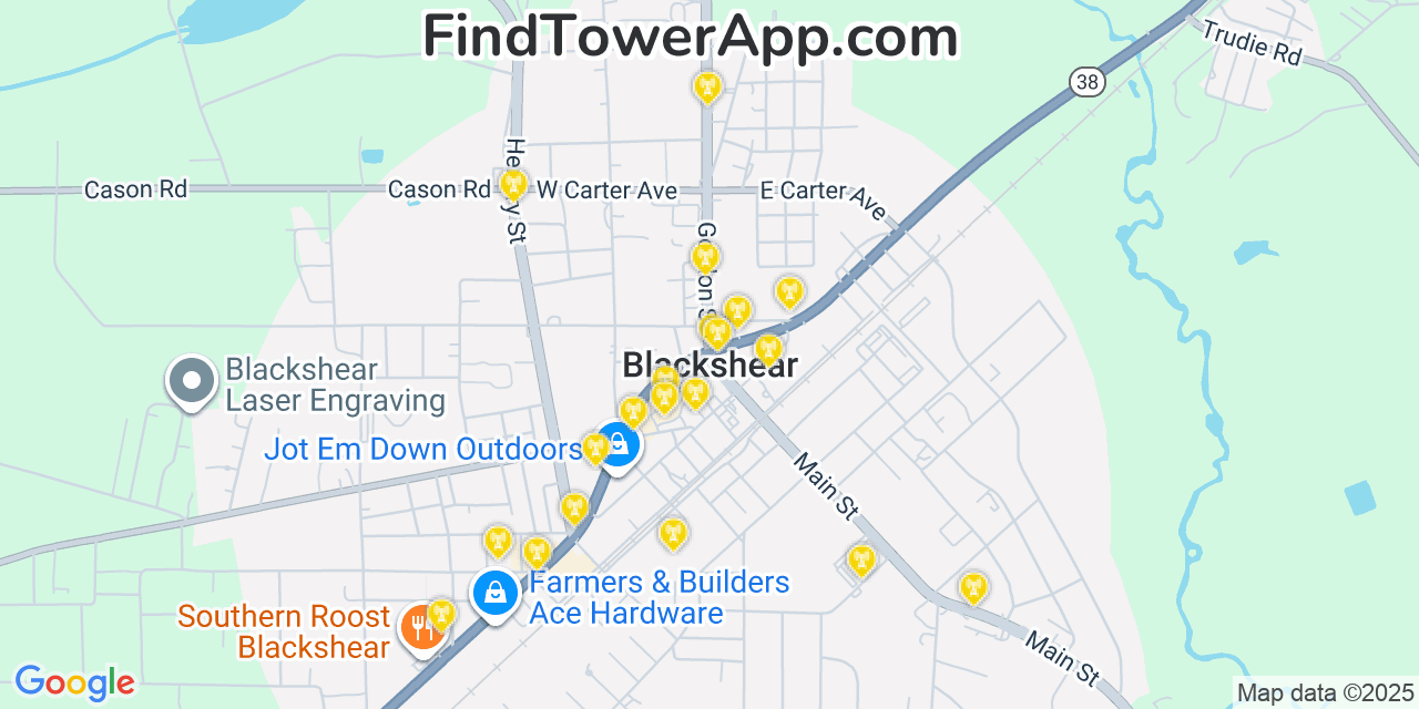 Map showing the 20 primary cell tower locations detected in Blackshear, Georgia from AT&T, Verizon, and T-Mobile networks
