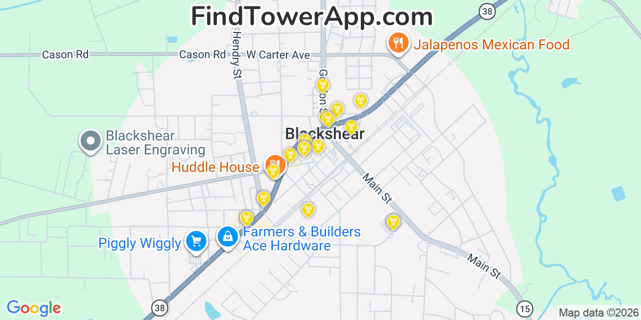 Map showing the 20 primary cell tower locations detected in Blackshear, Georgia from AT&T, Verizon, and T-Mobile networks