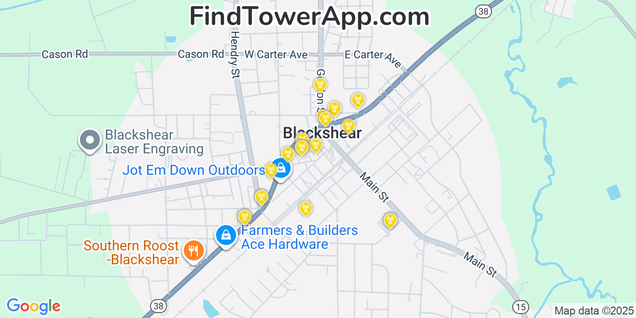 Map showing the 20 primary Mobitel cell tower locations detected in Blackshear, Georgia with coverage radius and signal strength indicators