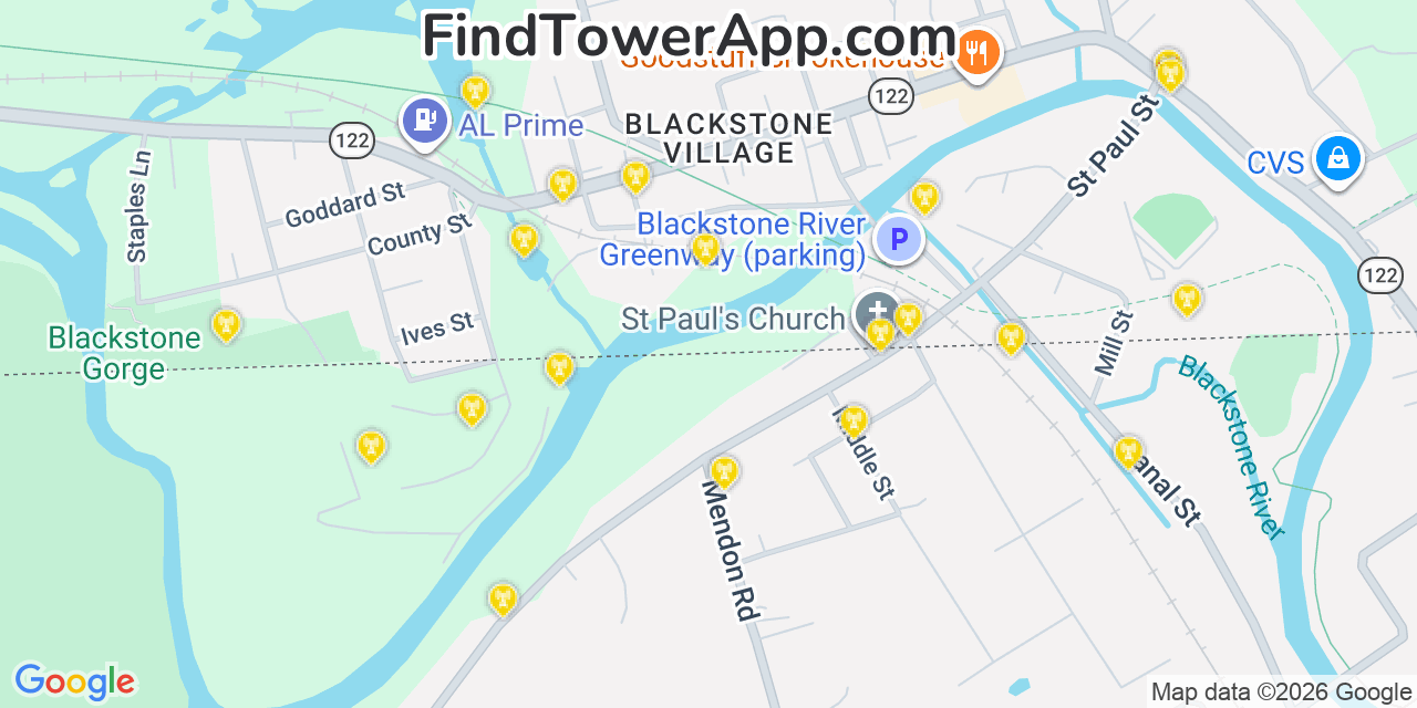 Map showing the 20 primary cell tower locations detected in Blackstone, Massachusetts from AT&T, Verizon, and T-Mobile networks