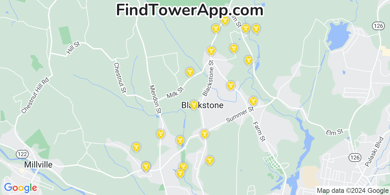 Verizon 4G/5G cell tower coverage map Blackstone, Massachusetts