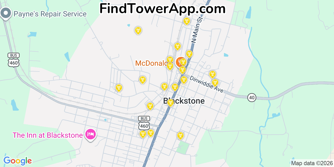 Map showing the 20 primary cell tower locations detected in Blackstone, Virginia from AT&T, Verizon, and T-Mobile networks