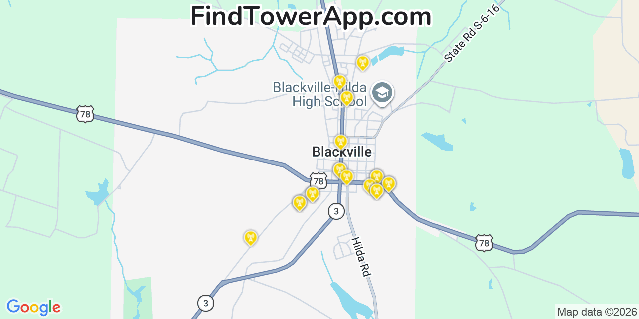 Map showing the 20 primary cell tower locations detected in Blackville, South Carolina from AT&T, Verizon, and T-Mobile networks