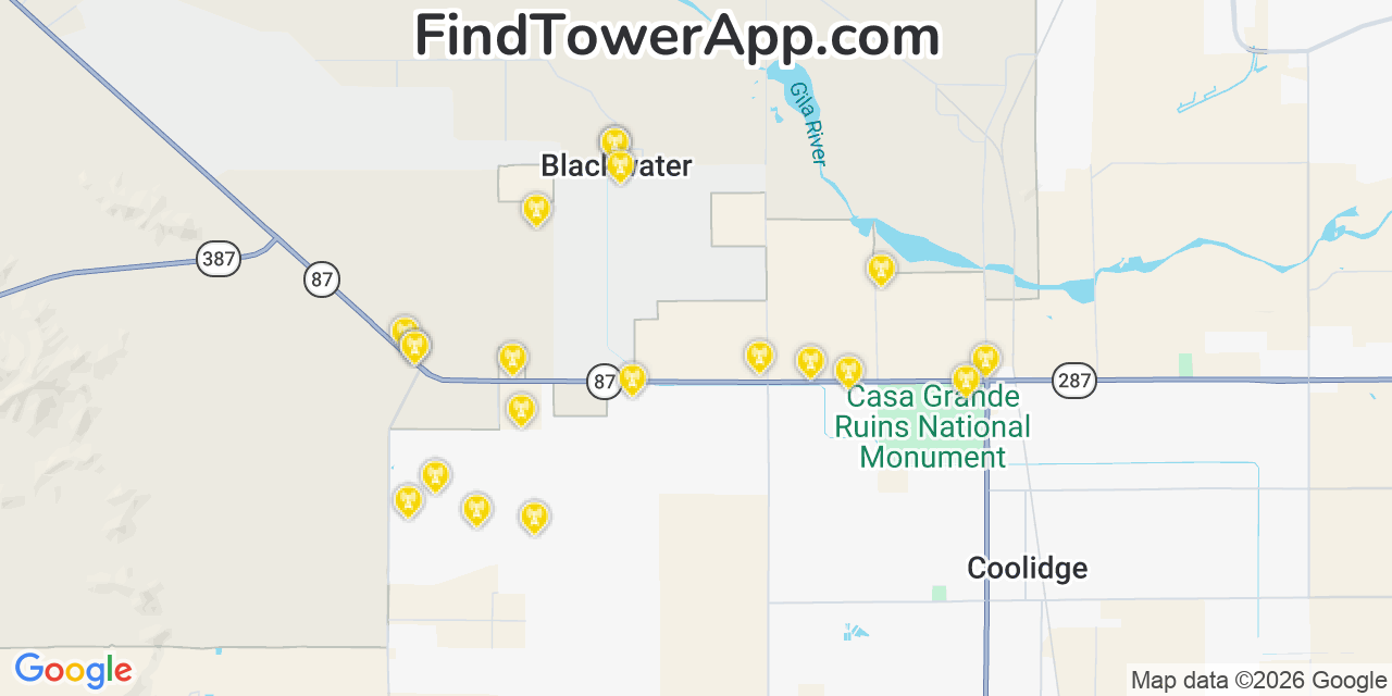 Map showing the 20 primary cell tower locations detected in Blackwater, Arizona from AT&T, Verizon, and T-Mobile networks