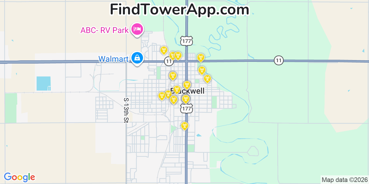 Map showing the 20 primary cell tower locations detected in Blackwell, Oklahoma from AT&T, Verizon, and T-Mobile networks