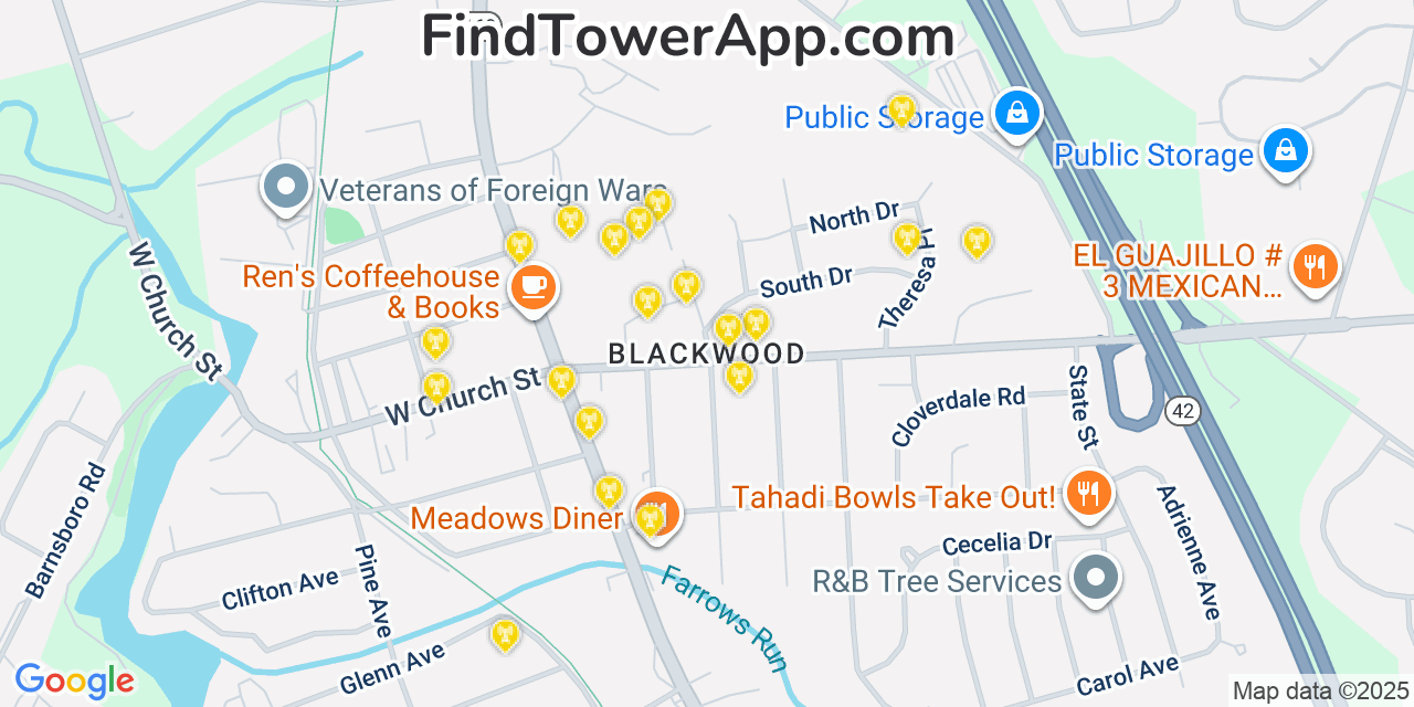 Map showing the 20 primary cell tower locations detected in Blackwood, New Jersey from AT&T, Verizon, and T-Mobile networks