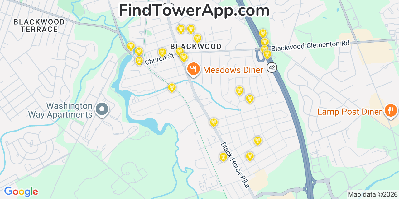 Map showing the 20 primary cell tower locations detected in Blackwood, New Jersey from AT&T, Verizon, and T-Mobile networks