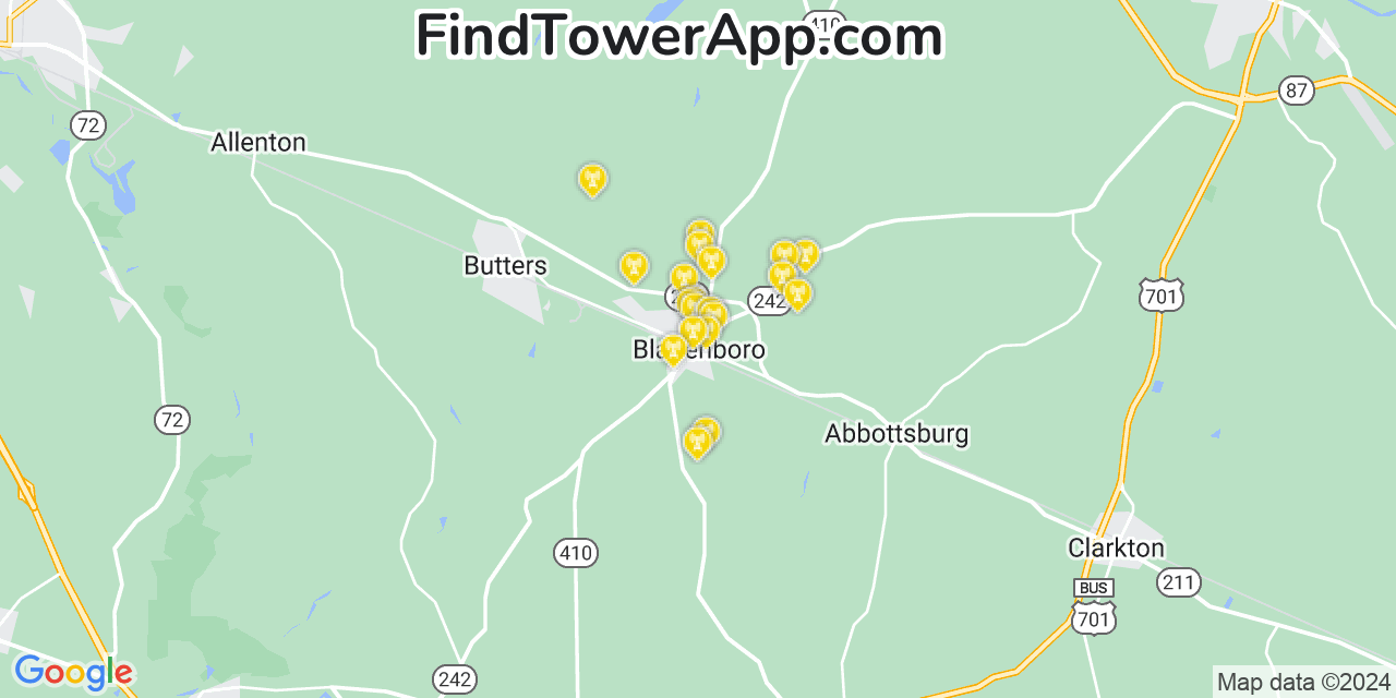 AT&T 4G/5G cell tower coverage map Bladenboro, North Carolina