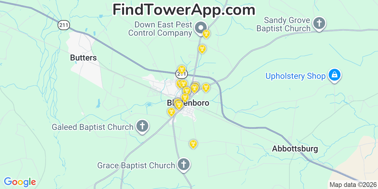 Map showing the 20 primary cell tower locations detected in Bladenboro, North Carolina from AT&T, Verizon, and T-Mobile networks