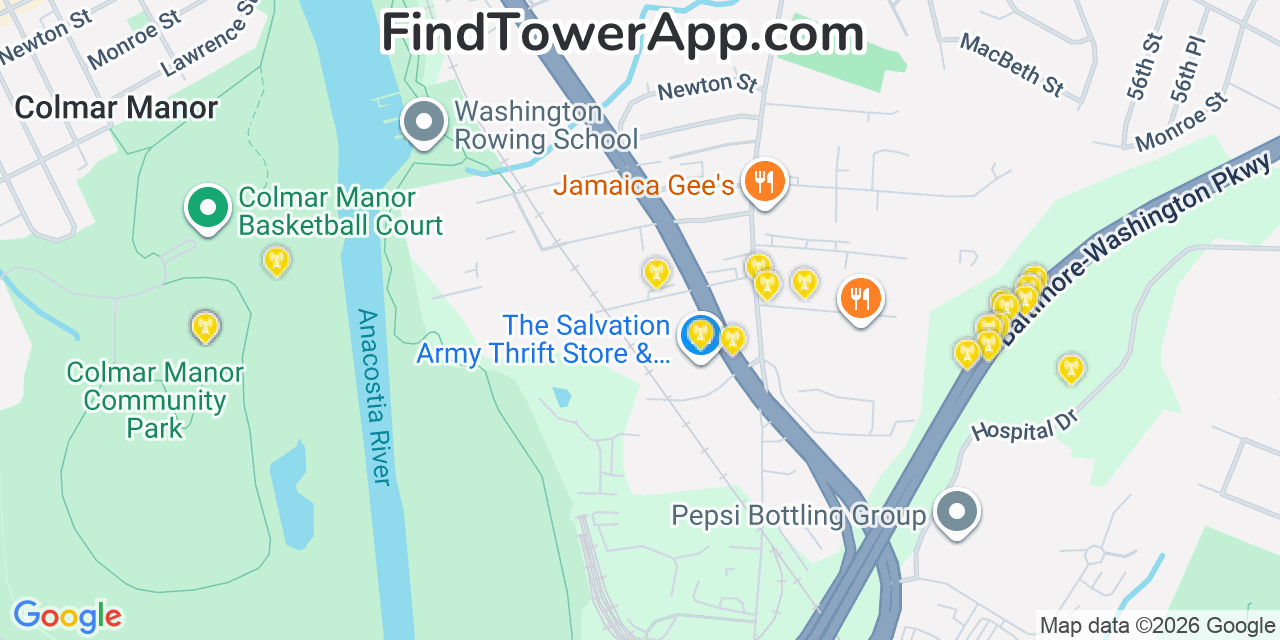 Map showing the 20 primary cell tower locations detected in Bladensburg, Maryland from AT&T, Verizon, and T-Mobile networks