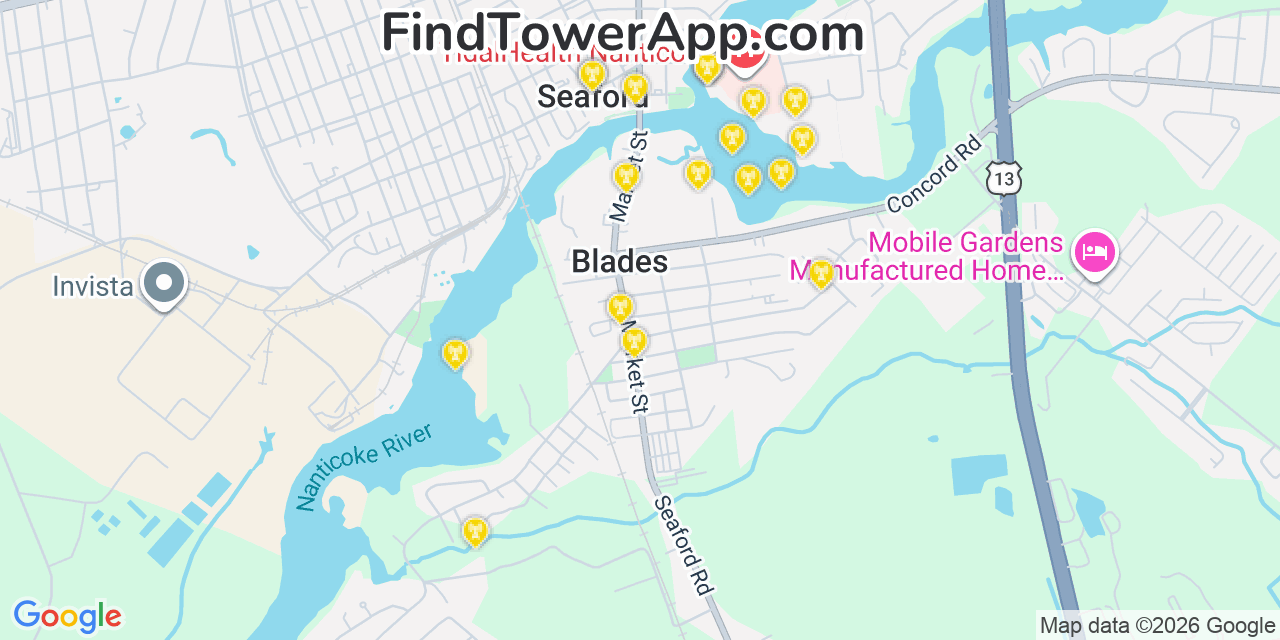 Map showing the 20 primary cell tower locations detected in Blades, Delaware from AT&T, Verizon, and T-Mobile networks