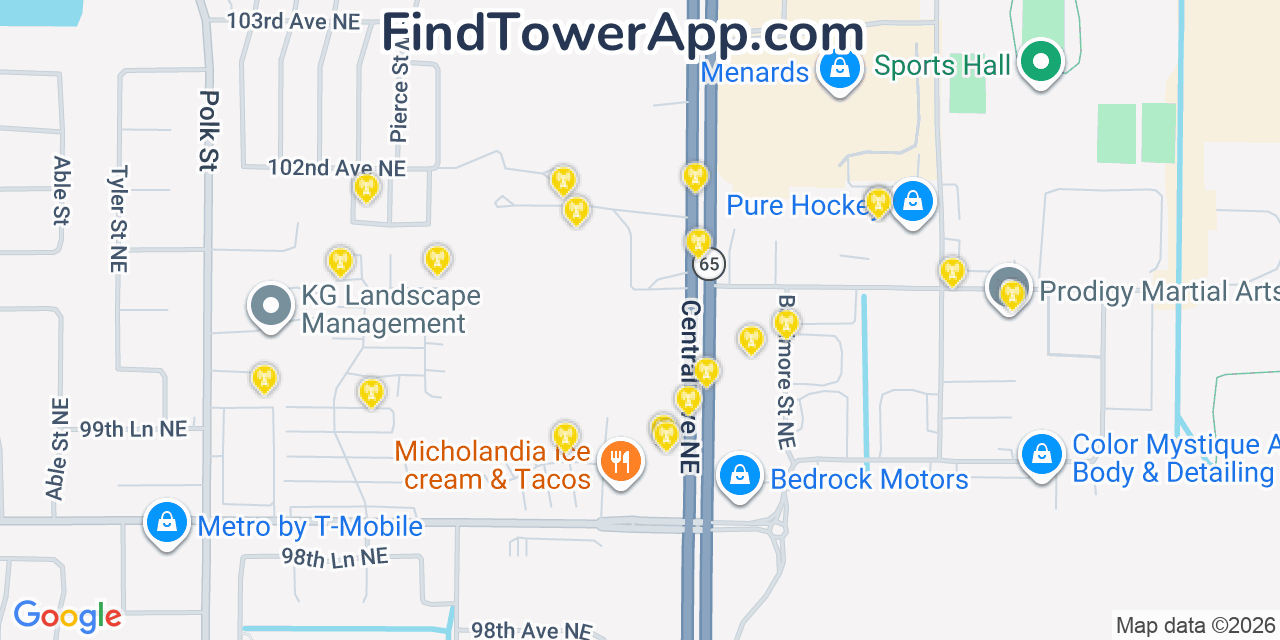 Map showing the 20 primary cell tower locations detected in Blaine, Minnesota from AT&T, Verizon, and T-Mobile networks