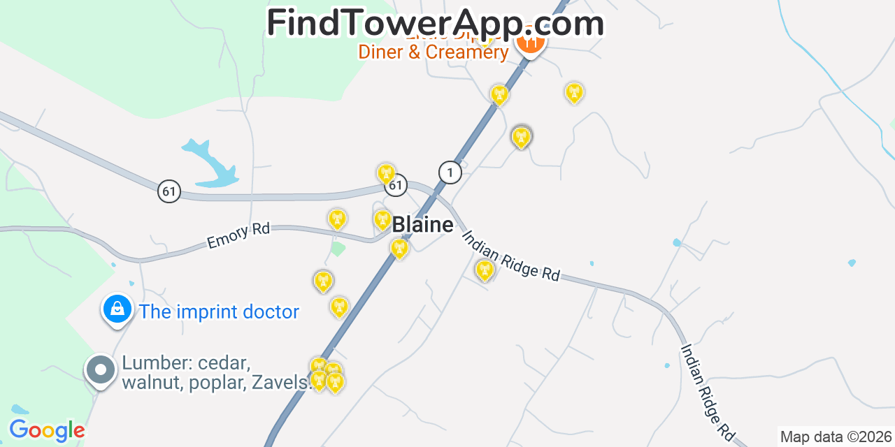 Map showing the 20 primary cell tower locations detected in Blaine, Tennessee from AT&T, Verizon, and T-Mobile networks