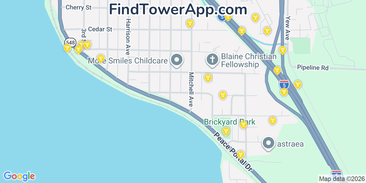 Map showing the 20 primary cell tower locations detected in Blaine, Washington from AT&T, Verizon, and T-Mobile networks