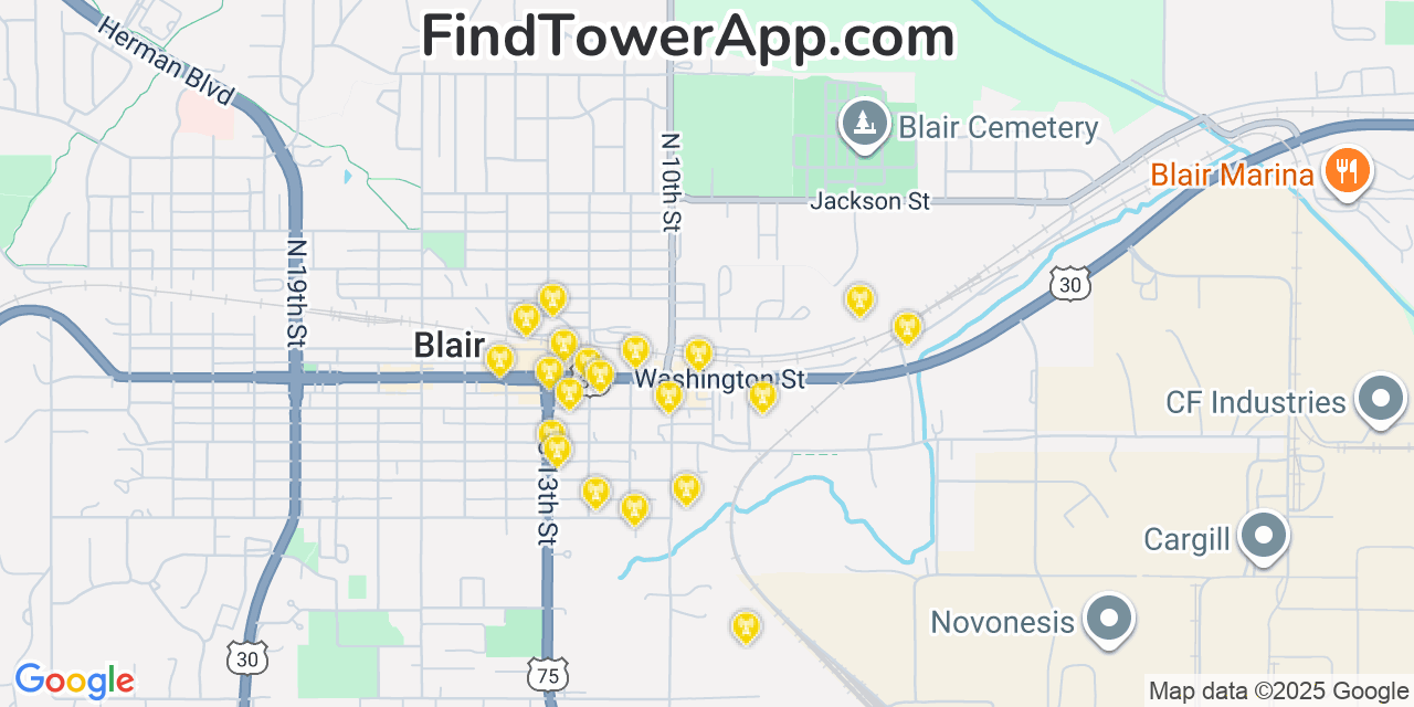 Map showing the 20 primary cell tower locations detected in Blair, Nebraska from AT&T, Verizon, and T-Mobile networks