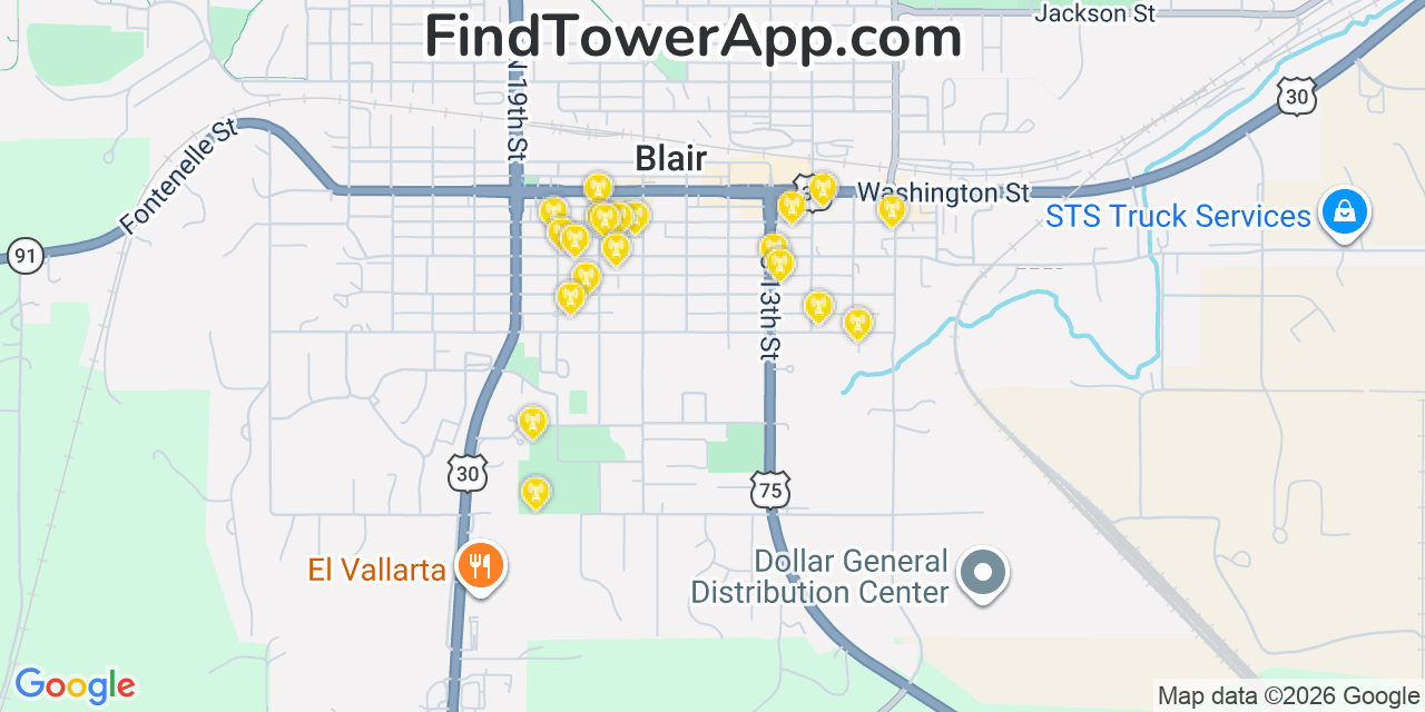 Map showing the 20 primary cell tower locations detected in Blair, Nebraska from AT&T, Verizon, and T-Mobile networks