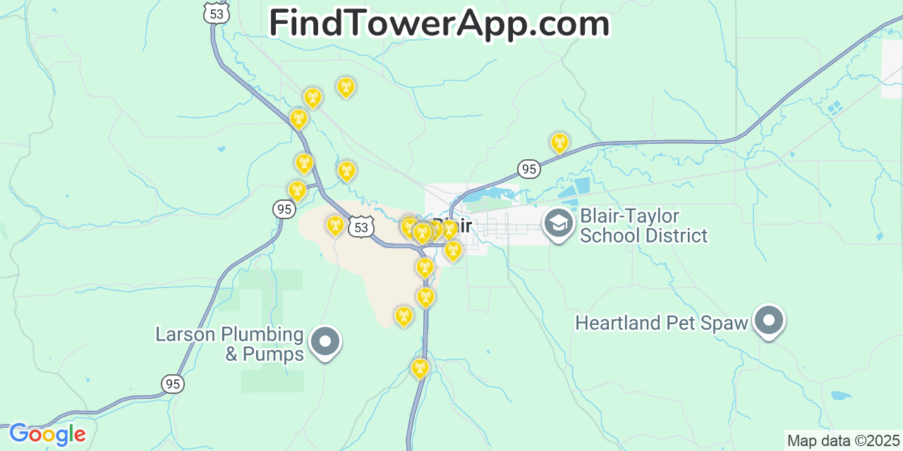 Map showing the 20 primary cell tower locations detected in Blair, Wisconsin from AT&T, Verizon, and T-Mobile networks